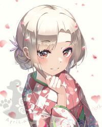  1girl absurdres april_aries checkered_clothes cherry_blossoms commentary_request floral_print grey_hair highres japanese_clothes kimono original simple_background updo white_background 