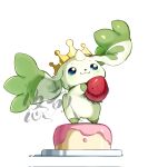  artist_name cake crown digimon digimon_(creature) food fruit highres holding holding_food holding_fruit looking_at_viewer no_humans signature simple_background solo strawberry terriermon watermark white_background youzaiyouzai112 