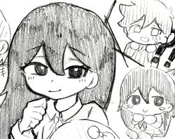  !? 2boys 2girls amaka_la22 aubrey_(headspace)_(omori) aubrey_(omori) blush bright_pupils chibi closed_mouth collared_pajamas collared_shirt commentary double-parted_bangs greyscale hair_between_eyes hero_(headspace)_(omori) hero_(omori) highres kel_(headspace)_(omori) kel_(omori) long_hair long_sleeves mari_(headspace)_(omori) mari_(omori) monochrome multiple_boys multiple_girls neckerchief omori pajamas pleated_skirt shirt short_sleeves skirt smile striped_clothes striped_pajamas sweater_vest traditional_media untranslatable_commentary vertical-striped_clothes vertical-striped_pajamas 