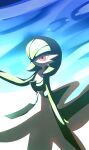  1girl ame_(metorui) arm_at_side blue_background bob_cut colored_skin commentary_request flat_chest full_body gardevoir gradient_background green_hair green_skin hair_over_one_eye hand_up highres multicolored_skin one_eye_covered parted_lips partial_commentary pokemon pokemon_(creature) red_eyes short_hair sketch solo standing two-tone_skin white_skin 