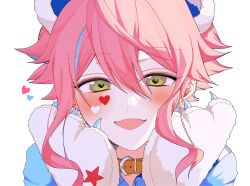  1boy animal_collar animal_ears animal_hands bear_ears blue_shirt blue_streaks blush collar commentary_request ensemble_stars! facial_mark fake_animal_ears gloves green_eyes hair_between_eyes hands_on_own_face heart heart_facial_mark highres himemiya_tori long_hair looking_at_viewer male_focus middle_131 multicolored_hair official_alternate_costume open_mouth paw_gloves pink_hair shirt short_hair_with_long_locks simple_background smile solo streaked_hair white_background yellow_collar 