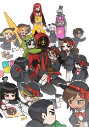  1other 6+boys 6+girls arm_up black_hat black_jacket black_pants black_shoes black_skirt bongy_(project_moon) bow bowtie brown_eyes brown_hair buttons charon_(project_moon) closed_eyes coat collared_shirt commentary_request crayon crayon_drawing dante_(limbus_company) dinosaur_costume don_quixote_(project_moon) double-breasted faust_(project_moon) glasses grabber_tool gregor_(project_moon) grey_hair hat hat_bow heathcliff_(project_moon) highres holding holding_toy hong_lu_(project_moon) ishmael_(project_moon) jacket kneeling lapels leummeul limbus_company limbus_kindergarten_uniform long_hair low_twintails meursault_(project_moon) multiple_boys multiple_girls necktie notched_lapels open_mouth orange_hair outis_(project_moon) pants pink_hair pleated_skirt project_moon red_bow red_bowtie red_coat red_necktie rodion_(project_moon) ryoshu_(project_moon) shirt shoes short_hair sidelocks simple_background sinclair_(project_moon) skirt smile toy twintails vergilius_(project_moon) very_long_hair white_background white_shirt yellow_trim yi_sang_(project_moon) yuri_(project_moon) 