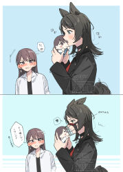  2girls absurdres animal_ears bang_dream! bang_dream!_it's_mygo!!!!! black_choker black_hair black_jacket black_shirt blue_background blue_eyes blush brown_hair character_doll choker commentary_request doll earrings firing highres jacket jewelry kemonomimi_mode long_hair medium_hair mole mole_under_eye multiple_girls muzzle_flash nanami_(nunnun_0410) shiina_taki shirt single_earring spoken_squiggle squiggle sweatdrop tail translation_request violet_eyes white_jacket wolf_ears wolf_girl wolf_tail yahata_umiri 