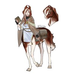  1girl animal_ears artist_name black_gloves blue_pupils book braid brown_cloak brown_hair centaur cloak commentary_request creature_and_personification fingerless_gloves full_body gloves headband highres holding holding_book hooves horse horse_ears horse_tail long_hair long_sleeves looking_at_viewer lower_teeth_only monster_girl multicolored_hair multiple_legs open_mouth original parted_bangs personification robe saddlebags sidelocks simple_background standing standing_on_three_legs streaked_hair tabitha_qu tail taur teeth two-tone_hair white_background white_eyes white_hair white_robe 