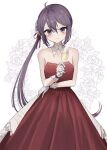  1girl akebono_(kancolle) blush breasts collarbone cowboy_shot cup dress drinking_glass flower hair_flower hair_ornament kantai_collection long_hair purple_hair red_dress side_ponytail small_breasts smile solo very_long_hair violet_eyes white_background wine_glass yamashichi_(mtseven) 
