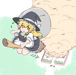  3girls :p apron bilingual_commentary black_hat black_skirt black_vest blonde_hair bow braid broom broom_riding commentary english_commentary frilled_skirt frills green_bow hair_bow hat hat_bow highres holding holding_sack hong_meiling izayoi_sakuya kirisame_marisa korean_commentary mirae_somang mixed-language_commentary multiple_girls musical_note puffy_short_sleeves puffy_sleeves sack short_sleeves side_braid single_braid skirt smile solo_focus tongue tongue_out touhou vest waist_apron white_apron white_bow witch_hat yellow_eyes 