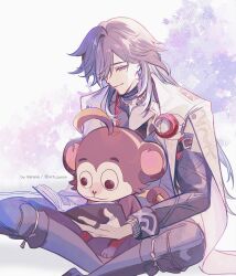  1boy animal animal_on_lap arm_blade artist_name ashveil_(honkai:_star_rail) book commentary_request crescent crescent_pin cutoffs gradient_hair highres holding holding_book honkai:_star_rail honkai_(series) horns jewelry lapel_pin long_hair lower_eyelashes_only male_focus monkey multicolored_hair necklace on_lap open_book pants reading retujyooo ring single_horn sitting two-tone_fur weapon 