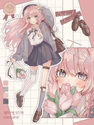  1girl :o arm_up asymmetrical_footwear asymmetrical_legwear badge bag belt beret black_hat blue_bow blue_bowtie blue_eyes blue_skirt border bouquet bow bowtie braid brown_bag brown_shoes cardigan collared_shirt color_guide commentary_request covered_mouth dress_shirt english_text engrish_text floating_hair flower flower_in_eye flower_ornament full_body grey_cardigan grey_socks grid_background haimiya_neno hair_intakes hand_on_own_head handbag hat highres holding holding_bouquet kneehighs loafers long_hair long_sleeves looking_at_viewer miniskirt mismatched_legwear multiple_views open_cardigan open_clothes original outline pink_border pink_flower pink_hair pink_tulip pleated_skirt puffy_long_sleeves puffy_sleeves ranguage school_uniform shirt shirt_tucked_in shoes sidelocks single_braid skirt socks standing standing_on_one_leg symbol_in_eye thigh-highs thigh_belt thigh_strap tulip uneven_legwear unworn_shoes wax_seal white_outline white_shirt white_socks 
