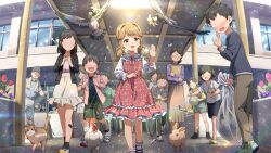  6+boys 6+girls aged_down animal bird broom brown_eyes brown_hair card_commentary cat chicken child commentary_request day dress faceless faceless_female faceless_male floral_print floral_print_dress game_cg holding holding_animal holding_broom holding_rabbit idolmaster idolmaster_million_live! idolmaster_million_live!_theater_days janitor long_hair long_sleeves low_twintails mouse_(animal) multiple_boys multiple_girls official_art open_mouth outdoors pigeon print_dress rabbit red_dress school shoes smile socks standing tenkubashi_tomoka third-party_source trash_bag twintails waving white_socks 