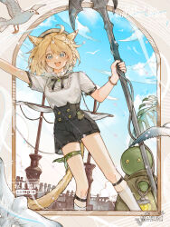  1girl absurdres ahoge animal_ears bird black_shorts blonde_hair blue_eyes bracelet braid cat_ears cat_girl cat_tail charm_(object) chinese_commentary commentary_request commission facial_mark final_fantasy final_fantasy_xiv hat high-waist_shorts highres holding holding_weapon jewelry kneehighs looking_at_viewer lunay miqo'te mole mole_under_eye open_mouth outdoors pigeon sample_watermark shirt shirt_tucked_in short_hair short_sleeves shorts side_braid single_braid socks solo tail teeth upper_teeth_only warrior_of_light_(ff14) watermark weapon whisker_markings white_shirt white_socks 