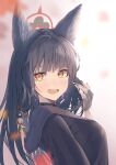  1girl animal_ears black_hair black_nails black_sailor_collar blue_archive breasts eshijanoo fingerless_gloves fox_ears fox_girl gloves hair_ornament halo highres leaning_back open_mouth sailor_collar solo wakamo_(blue_archive) yellow_eyes 