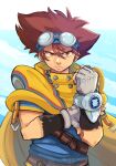 1boy artist_name belt blue_shirt brown_belt brown_eyes brown_hair cape clenched_hands closed_mouth digimon digimon_adventure_v-tamer_01 doggomimi fingerless_gloves frown gloves goggles goggles_on_head grey_gloves hair_between_eyes highres looking_at_viewer male_focus shirt short_sleeves solo upper_body watermark yagami_taichi yellow_cape