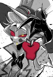  1boy absurdres apple circle_facial_mark colored_sclera commentary_request demon demon_boy facial_mark food fruit hair_slicked_back hat hazbin_hotel hellaverse highres holding holding_food holding_fruit lucifer_morningstar_(hazbin_hotel) male_focus portrait ra_su_(laswest) red_eyes red_sclera sharp_teeth short_hair simple_background solo spot_color striped_clothes striped_vest suit teeth vertical-striped_clothes vertical-striped_vest vest white_background wings 