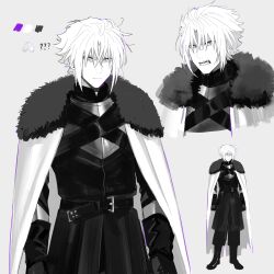  1boy ? ?? absurdres alternate_universe angry armor belt boots cape chinese_commentary closed_mouth color_guide commentary_request cowboy_shot cropped_shoulders crossed_bangs dress earrings elbow_gloves fangs flipped_hair frown full_body fur-trimmed_cape fur_trim gloves grey_background greyscale hair_between_eyes hanbaobaobaozhu heart high_contrast highres humanization jewelry knee_boots looking_ahead looking_at_viewer male_focus messy_hair monochrome multiple_views open_mouth outline puffy_pants purple_outline sans_(undertale) short_hair sidelocks simple_background slit_pupils spot_color standing stud_earrings teeth turtleneck turtleneck_dress undertale utdr_(toby_fox) v-shaped_eyebrows xtale 