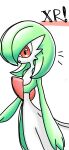  1girl ame_(metorui) bob_cut colored_skin commentary_request flat_chest gardevoir green_hair green_skin hair_over_one_eye highres looking_at_viewer multicolored_skin notice_lines one_eye_covered open_mouth partial_commentary pokemon pokemon_(creature) red_eyes short_hair simple_background sketch solo standing surprised two-tone_skin white_background white_skin 