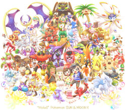  2boys 2girls absolutely_everyone alolan_diglett alolan_dugtrio alolan_exeggutor alolan_grimer alolan_marowak alolan_meowth alolan_muk alolan_ninetales alolan_persian alolan_raichu alolan_raticate alolan_rattata alolan_sandshrew alolan_sandslash alolan_vulpix ash-greninja bag baseball_cap black_bag black_hair black_hat black_shirt black_shorts blonde_hair blue_shirt blush braid brionne bruxish charjabug closed_eyes closed_mouth comfey commentary_request copyright_name cosmog crabrawler cutiefly dark-skinned_male dark_skin dartrix decidueye drampa dress elio_(pokemon) everyone floral_print_shirt fomantis green_eyes green_hair greninja grubbin gumshoos hakamo-o hat hau_(pokemon) highres incineroar jangmo-o komala kommo-o lillie_(pokemon) litten lunala lurantis lycanroc lycanroc_(midnight) magearna magearna_(normal) mimikyu minior minior_(core) minior_(red_core) morelull mudbray mudsdale multiple_boys multiple_girls open_mouth orange_bag oranguru oricorio oricorio_(baile) oricorio_(pa'u) oricorio_(pom-pom) oricorio_(sensu) palossand passimian pikipek pokemon pokemon_(creature) pokemon_sm popplio primarina pyukumuku red_hat ribombee rockruff rowlet samsung_(yuzuikka) sandygast selene_(pokemon) shirt short_hair short_sleeves shorts silvally simple_background smile solgaleo tapu_bulu tapu_fini tapu_koko tapu_lele teeth togedemaru torracat turtonator twin_braids type:_null upper_teeth_only vikavolt white_background white_dress white_hat wimpod wishiwashi wishiwashi_(solo) yellow_shorts yungoos zygarde zygarde_(complete) 