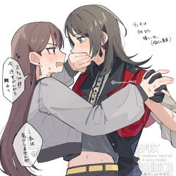  2girls bang_dream! bang_dream!_it's_mygo!!!!! black_gloves black_hair blush brown_hair capelet commentary_request covering_another's_mouth drooling earrings gloves grey_jacket grey_shirt highres interlocked_fingers jacket jewelry long_hair medium_hair multiple_girls nanami_(nunnun_0410) open_mouth red_capelet shiina_taki shirt sweat timoris_(bang_dream!) violet_eyes yahata_umiri yuri 