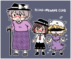  3girls :o aged_up arm_behind_back bespectacled black_hat black_shoes black_skirt blonde_hair bow brown_hair cane censored censored_identity closed_mouth collared_dress collared_shirt commentary_request covered_eyes dress english_text frilled_dress frills glasses grandmother_and_granddaughter grey_hair grin hat hat_bow holding holding_cane long_sleeves maribel_hearn medium_hair mob_cap multiple_girls old old_woman open_mouth purple_background purple_dress purple_shirt purple_skirt purple_slippers re_ghotion red-framed_eyewear red_bow ribbon-trimmed_skirt ribbon-trimmed_sleeves ribbon_trim sash shirt shoes short_hair short_sleeves skirt slippers smile socks touhou usami_renko usami_sumireko white_bow white_hat white_sash white_socks 