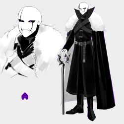  1boy absurdres alternate_universe bald belt boots cane cape chinese_commentary closed_mouth coat colored_sclera commentary_request cropped_shoulders fangs full_body fur-trimmed_cape fur_trim grey_background greyscale hanbaobaobaozhu heart highres holding holding_cane knee_boots long_sleeves looking_at_viewer male_focus mandarin_collar monochrome multiple_views no_eyebrows outline pants purple_outline scar_across_eyes simple_background skeleton skin_fangs smile spot_color standing undertale utdr_(toby_fox) violet_eyes w.d._gaster xtale 