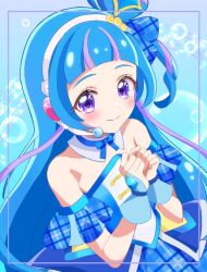  1girl aokaze_nana armpit_crease bare_shoulders blue_hair blue_theme blush breasts closed_mouth collarbone commentary_request cure_wink dress hands_on_own_chest headphones idol idol_clothes idol_heart_brooch_(precure) idol_heart_incom kimi_to_idol_precure long_hair looking_at_viewer medium_breasts multicolored_hair plaid_clothes plaid_ribbon plaid_sleeves precure purple_hair ribbon short_sleeves smile solo strapless strapless_dress user_gnsj5272 very_long_hair violet_eyes 
