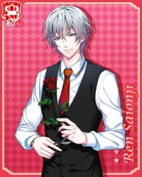  1boy black_vest boyfriend_(kari) card_(medium) character_name checkered_background flower grey_eyes grey_hair hair_between_eyes holding looking_at_viewer male_focus necktie official_art red_background red_flower red_necktie red_rose rose saionji_ren_(boyfriend_(kari)) school_uniform scissors smile solo urumiya_ruka vest 