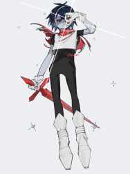  1other :| antenna_hair arm_at_side bare_arms black_bodysuit black_hair blue_scarf blue_skin bodysuit boots closed_mouth colored_skin commentary contrapposto crossed_bangs deltarune double-parted_bangs full_body gloves grey_background hair_behind_ear hair_between_eyes holding holding_sword holding_weapon knee_boots kris_(dark_world)_(deltarune) kris_(deltarune) legs light_frown looking_at_viewer mei_(tuboishi) no_sclera other_focus red_eyes red_scarf scarf shaded_face short_hair short_sleeves simple_background solo sparkle standing striped_clothes striped_scarf sword twitter_username two-tone_scarf untranslatable_commentary utdr_(toby_fox) vertical-striped_clothes vertical-striped_scarf weapon white_boots white_gloves 