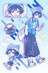  1boy alternate_costume animalization bag beanie black_cat black_hair black_pants blowing_bubble_gum blue_eyes blue_hat blue_shirt blue_shoes blue_sleeves blunt_ends bright_pupils casual cat cellphone character_name chewing_gum chibi chibi_inset choppy_bangs closed_mouth contemporary flip_phone genshin_impact hand_in_pocket hand_up hat headphones headphones_around_neck highres holding holding_phone layered_sleeves long_sleeves looking_at_object looking_at_viewer male_focus musical_note outline pants phone scaramouche_(cat)_(genshin_impact) scaramouche_(genshin_impact) shirt shoes short_over_long_sleeves short_sleeves shoulder_bag sneakers solo star_(symbol) vivivovo white_bag white_outline white_pupils white_shoes white_sleeves 