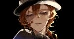  1boy absurdres black_background black_headwear black_shirt blood blood_on_face bungou_stray_dogs expressionless gun hair_between_eyes hat highres holding holding_gun holding_weapon light_particles mafia male_focus medium_hair nakahara_chuuya orange_hair red_eyes shirt simple_background solo upper_body veins weapon ya_ta 