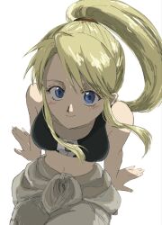  1girl bare_arms bare_shoulders black_shirt blonde_hair blue_eyes blush breasts closed_mouth commentary_request crop_top from_above fullmetal_alchemist grey_jumpsuit hair_tie highres invisible_chair jumpsuit jumpsuit_around_waist light_smile long_hair looking_at_viewer medium_breasts midriff nu1h5 parted_bangs ponytail shirt sidelocks sitting sleeveless sleeveless_shirt solo swept_bangs white_background winry_rockbell 