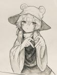  1girl @_@ commentary_request greyscale hair_between_eyes hat heart heart_hands highres long_sleeves looking_at_viewer medium_hair monochrome moriya_suwako neritch open_mouth sidelocks simple_background skirt solo touhou traditional_media wide_sleeves 