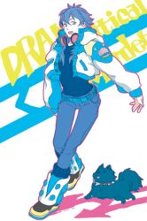  1boy animal_collar belt black_dog black_shirt blue_belt blue_hair blue_pants blue_trim chuu_ni collar commentary_request copyright_name cropped_jacket dog dramatical_murder full_body hair_between_eyes headphones headphones_around_neck jacket leg_warmers long_hair long_sleeves looking_to_the_side open_mouth outstretched_arm pants parted_bangs ren_(dramatical_murder) round_teeth seragaki_aoba shirt shoes sideways_glance spiked_collar spikes teeth upper_teeth_only 