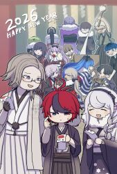  2026 6+boys 6+girls :d :t ^_^ ahoge alternate_costume amemiya_darumi aotsuki_eito black_bow black_gloves black_hair black_hairband black_kimono black_roots black_streaks blonde_hair blue_eyes blue_hair bow braid brown_eyes brown_hair candy_apple closed_eyes commentary_request double_bun eating everyone eye_print eyepatch eyes_visible_through_hair food fur-trimmed_kimono fur_trim ginzaki_shouma glasses gloves green_kimono grey_hair grey_kimono hair_bow hair_bun hair_over_one_eye hairband hakama hakama_pants happy_new_year heterochromia holding holding_brush holding_candy_apple holding_food holding_omikuji ink_on_face japanese_clothes kawana_tsubasa kimono kirifuji_nozomi long_hair low_twintails magadori_kyoshika maruko_gaku masked matsu_shimatsuki mochi mochi_trail mojiro_moko multicolored_hair multiple_boys multiple_girls omikuji omokage_yugamu oosuzuki_kurara pants pink_eyes pink_hair pink_kimono ponytail print_eyepatch purple_hair red_eyes red_hair red_kimono roots_(hair) scratching_cheek shion_(hundred_line) shizuhara_hiruko short_hair smile streaked_hair striped_clothes striped_kimono sumino_takumi sunglasses sweatdrop the_hundred_line_-last_defense_academy- tsukumo_ima tsukumo_kako twintails twitter_username two-tone_hair violet_eyes white_eyes white_kimono yakushiji_takemaru 