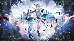  1girl absurdres bird black_gloves black_skirt black_sleeves blue_eyes boots chinese_commentary city cityscape commentary_request dress elbow_gloves frilled_sleeves frills gloves hair_between_eyes highres long_sleeves looking_at_viewer outstretched_arm red_rope reflection ribbon rope see-through_clothes see-through_sleeves short_hair short_sleeves skirt skyline smile solo spread_fingers standing suitcase swallow_(bird) thigh_strap vocaloid vsinger_(vocaloid) white_dress white_hair xianyudongle yanhe 