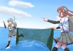  2girls akashieru arm_warmers asagumo_(kancolle) ascot blue_ascot bow bowtie brown_hair collared_shirt dress_shirt green_bow green_bowtie grey_eyes grey_hair grey_skirt hair_ribbon highres holding horizon kantai_collection long_hair machinery multiple_girls net ocean one-hour_drawing_challenge one_eye_closed plaid plaid_ascot plaid_bow plaid_bowtie pleated_skirt pointing ribbon shirt skirt suspender_skirt suspenders twintails white_shirt yamagumo_(kancolle) 