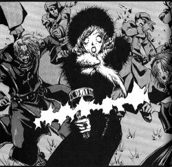  1girl abel_nightroad antonio_borgia coat cross fur_hat greyscale hat helga_von_vogelweide holding holding_weapon latin_cross lowres monochrome non-web_source novel_illustration official_art people scan shibamoto_thores surprised traditional_media trinity_blood weapon winter_clothes winter_coat 