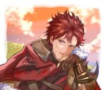  1boy cape diamant_(fire_emblem) fire_emblem fire_emblem_engage furokami grass highres hill looking_at_viewer male_focus open_mouth red_cape red_eyes red_sky redhead sky solo 