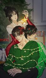  1girl 2boys bare_shoulders bdsm behind_another black_hair black_pants bondage bound christmas christmas_lights christmas_ornaments christmas_present christmas_tree christmas_wreath closed_mouth collarbone commentary_request cowboy_shot dress earrings feet_out_of_frame garland_(decoration) gift green_shirt green_sweater green_track_suit hair_bun hair_ornament hbd_1025 highres holding holding_star indoors jacket jewelry korean_commentary long_sleeves looking_at_viewer looking_back merry_christmas multiple_boys official_art on_floor open_mouth original own_hands_together pants parted_lips profile red_dress santa_costume santa_dress shirt short_hair sitting smile smirk star_(symbol) sweater teeth track_jacket track_suit updo wreath 