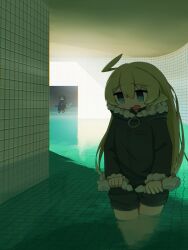  2girls absurdres ahoge backrooms_(creepypasta) blonde_hair blue_eyes chito_(shoujo_shuumatsu_ryokou) dream_pool fur-trimmed_jacket fur_trim green_jacket green_shorts hair_between_eyes highres jacket karmanimaxwx long_hair long_sleeves multiple_girls open_mouth partially_submerged pool shorts shoujo_shuumatsu_ryokou solo_focus sweatdrop tile_floor tile_wall tiles wading yuuri_(shoujo_shuumatsu_ryokou) 