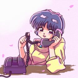  1girl antique_phone blue_hair bow brown_eyes commentary_request corded_phone hair_bow open_mouth phone pink_hair ranma_1/2 rotary_phone short_hair solo sweater tagme tendou_akane wanta_(futoshi) yellow_sweater 