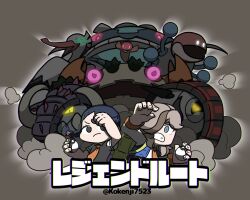  1boy 1girl arven_(pokemon) black_eyes black_hair blue_eyes blue_vest bombirdier braid brown_background brown_hair closed_mouth collared_shirt commentary_request dondozo eyelashes fingernails glowing glowing_eyes great_tusk grey_shirt hair_over_one_eye highres holding holding_poke_ball iron_treads juliana_(pokemon) klawf kokenji7523 long_sleeves necktie open_clothes open_mouth open_vest orange_necktie orthworm poke_ball pokemon pokemon_(creature) pokemon_sv shirt short_hair short_sleeves single_braid tatsugiri tatsugiri_(curly) teeth titan_pokemon translation_request twitter_username vest white_shirt 