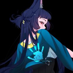  1girl animal_ear_fluff animal_ears aqua_jacket arm_out_of_sleeve black_background black_hair black_skirt commentary dragon_plush_(139305) english_commentary fox_ears fox_girl from_behind high-waist_skirt highres hoshimi_miyabi jacket long_hair looking_at_viewer looking_back red_eyes shirt skirt solo sparkle upper_body white_shirt zenless_zone_zero 