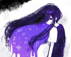  1girl bright_pupils collared_shirt hair_over_one_eye looking_at_viewer mari_(headspace)_(omori) mari_(omori) nl_000m omori purple_hair purple_sweater_vest shirt short_sleeves solo something_(omori) spoilers sweater_vest upper_body violet_eyes white_pupils white_shirt 