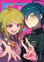  1boy 1girl :d absurdres ahoge akamatsu_kaede black_hair blonde_hair blush breast_pocket breasts brown_eyes buttons collared_shirt danganronpa_(series) danganronpa_v3:_killing_harmony double-breasted hair_between_eyes highres jacket large_breasts long_hair long_sleeves male_focus necktie open_mouth orange_necktie pink_background pink_sweater_vest pocket saihara_shuichi shirt short_hair smile striped_clothes striped_jacket sweater_vest violet_eyes white_shirt youko-shima 