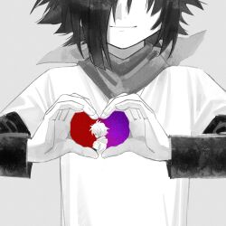  2boys absurdres alternate_universe antenna_hair bandana bandana_around_neck brothers chara_(undertale) chinese_commentary closed_mouth commentary_request eyes_out_of_frame film_grain fingernails flipped_hair frisk_(undertale) grey_background greyscale hair_over_one_eye hanbaobaobaozhu hands_up head_out_of_frame heart heart_hands highres jewelry layered_sleeves long_sleeves male_focus monochrome multiple_boys necklace one_eye_covered shirt short_hair short_over_long_sleeves short_sleeves siblings sidelocks simple_background smile solo_focus spot_color straight-on t-shirt undertale utdr_(toby_fox) xtale 