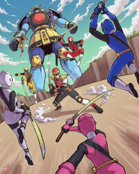  2girls 5boys akaninger aoninger armor bangkits92 battle belt black_sash blue_bodysuit bodysuit breasts crossover gloves gold_belt gold_helmet helmet highres holding holding_sword holding_weapon jiraiya_(snsj) katana kininger mask metal_hero momoninger multicolored_armor multicolored_bodysuit multiple_boys multiple_girls nin_shuriken ninja pink_trim red_bodysuit red_helmet red_mask sash sekai_ninja_sen_jiraiya shironinger shuriken shuriken_sentai_ninninger starninger super_sentai sword tokusatsu two-tone_bodysuit weapon 