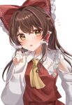  1girl :o ascot bare_shoulders blush bow breasts brown_eyes brown_hair commentary_request detached_sleeves fingernails frilled_bow frilled_hair_tubes frilled_shirt_collar frills hair_between_eyes hair_bow hair_tubes hakurei_reimu hand_up highres ikeyan0677 long_hair long_sleeves looking_at_viewer notice_lines open_mouth red_bow red_skirt red_vest simple_background skirt skirt_set sleeves_past_wrists small_breasts solo touhou upper_body vest white_background yellow_ascot 