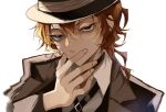  1boy absurdres black_hair black_jacket black_suit blue_eyes bungou_stray_dogs expressionless fingernails hair_between_eyes hand_on_own_face highres jacket looking_at_viewer mafia male_focus medium_hair nakahara_chuuya orange_hair shirt simple_background solo suit upper_body white_background white_shirt ya_ta 