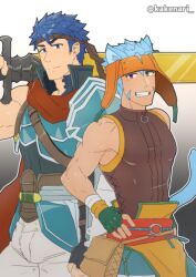  2boys animal_ears blue_eyes blue_hair cat_boy cat_ears commentary_request fingerless_gloves fire_emblem fire_emblem:_radiant_dawn gloves green_eyes grin headband headdress heterochromia ike_(fire_emblem) ike_(vanguard_legend)_(fire_emblem) kakenari looking_at_viewer male_focus multiple_boys official_alternate_costume over_shoulder ragnell ranulf_(fire_emblem) short_hair smile sword sword_over_shoulder tail violet_eyes weapon weapon_over_shoulder 