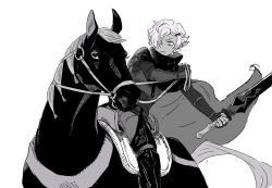  1boy arm_guards cape chaps commentary_request cropped dark_elf dungeon_ni_deai_wo_motomeru_no_wa_machigatteiru_darou_ka elf greyscale hair_over_one_eye hatching_(texture) hegni_ragnar high_collar highres holding holding_sword holding_weapon horseback_riding looking_ahead male_focus monochrome odasi_k pointy_ears riding short_hair solo sword weapon 