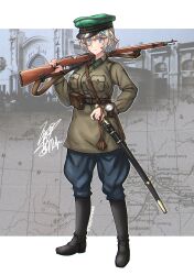  1girl absurdres black_boots blue_pants bolt_action boots breasts commentary_request girls'_frontline_2:_exilium girls_frontline gun hand_on_hilt hat highres holding holding_weapon medium_breasts military military_uniform mmmn540d88 monocle mosin-nagant mosin-nagant_(girls'_frontline) mosin-nagant_(girls'_frontline_2) over_shoulder pantaloons pants peaked_cap red_star rifle shashka soldier soviet soviet_army star_(symbol) weapon weapon_over_shoulder 